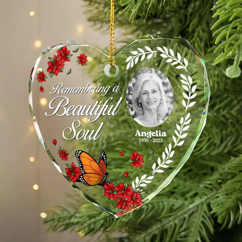 Custom Photo Remembering A Beautiful Soul - Personalized Heart Shaped Glass Ornament - Image 2