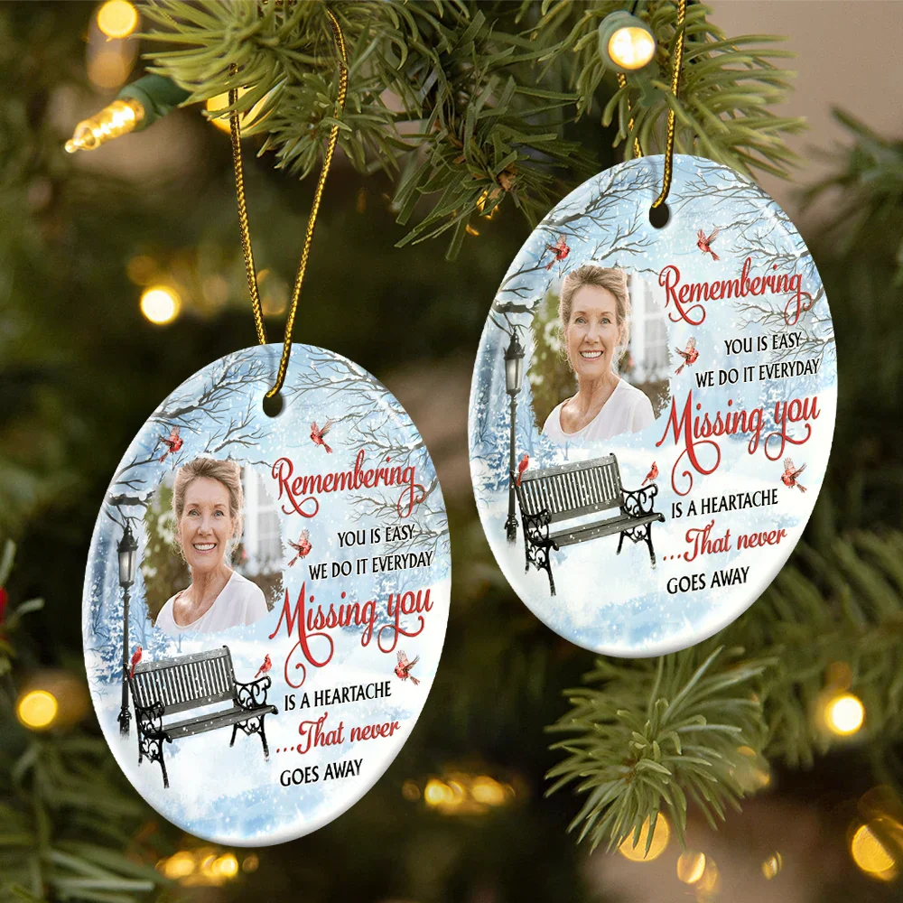 Custom Photo Remembering You Is Easy Memorial - Personalized Circle Ceramic Ornament - Image 2