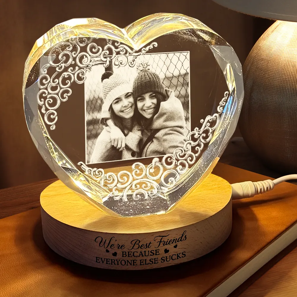 Custom Photo Right In The Throat Bestie - Personalized Crystal Heart Shaped Lamp - Image 2