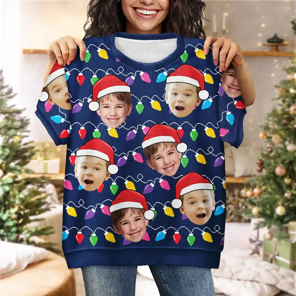 Custom Photo Santa Hat Funny Family Face - Personalized Short Sleeve Sweater - Image 4