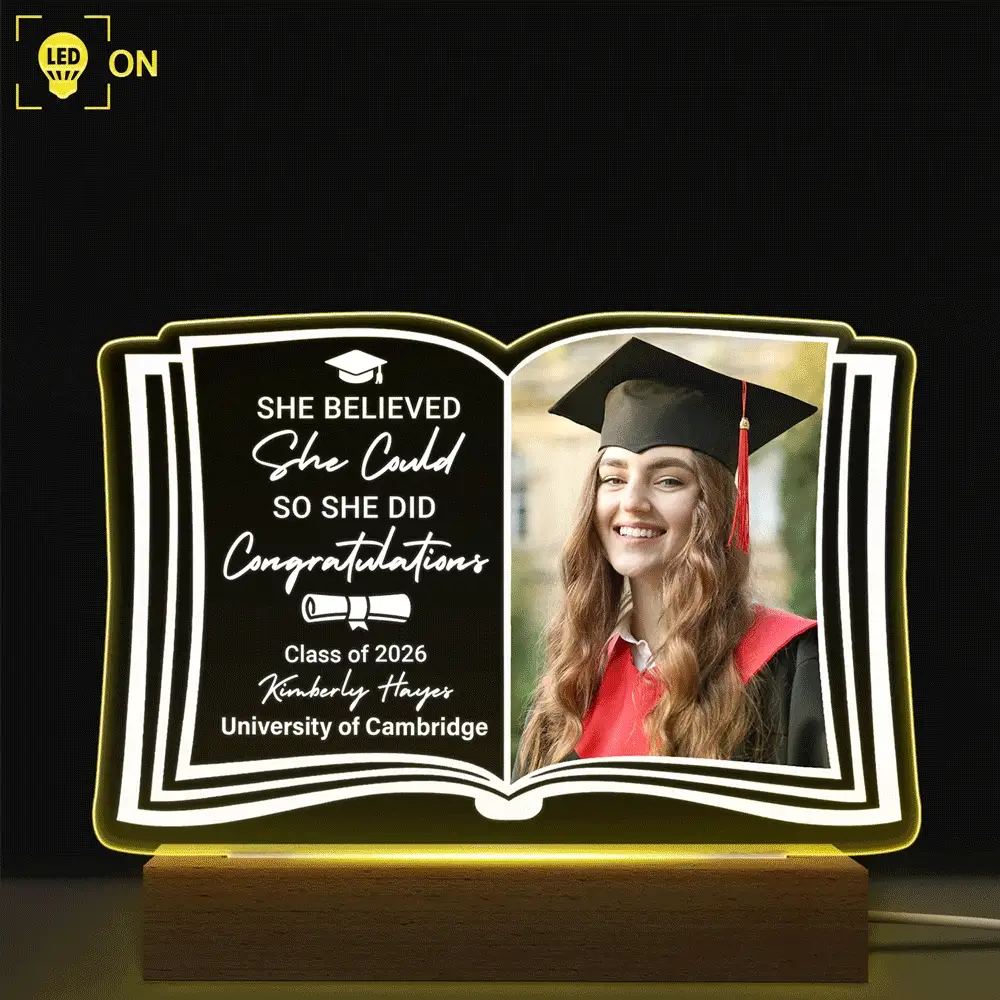 Custom Photo She Believed She Could - Graduation Gift - Personalised 3D Led Light Wooden Base - Image 2