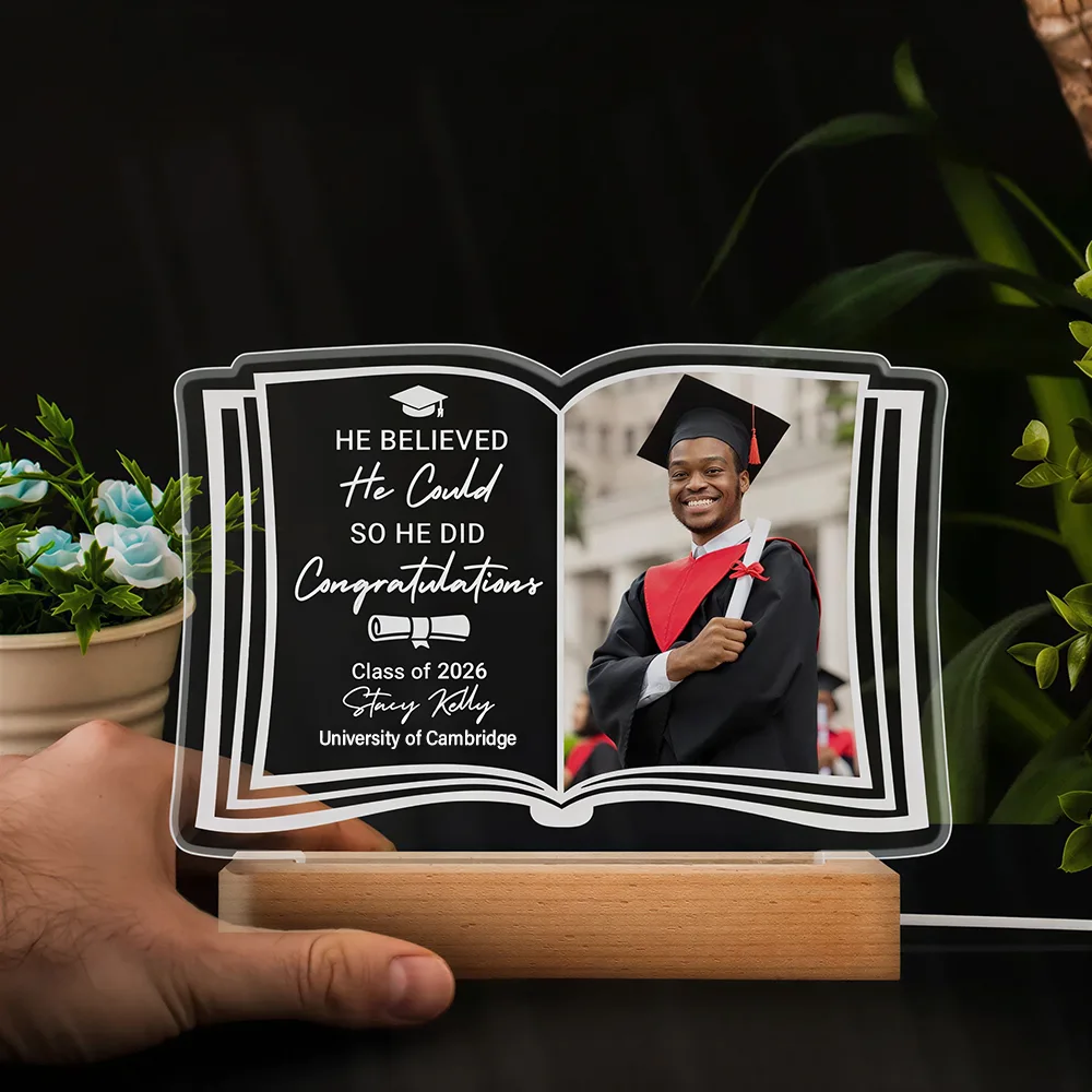 Custom Photo She Believed She Could - Graduation Gift - Personalised 3D Led Light Wooden Base - Image 4