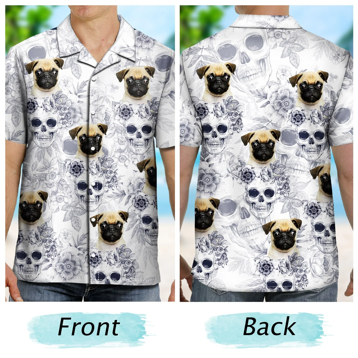 Custom Photo Skull Family Pet Face Tropical Leaf - Gift For Men, Dog And Cat Lovers - Personalized Custom Hawaiian Shirt - Image 2