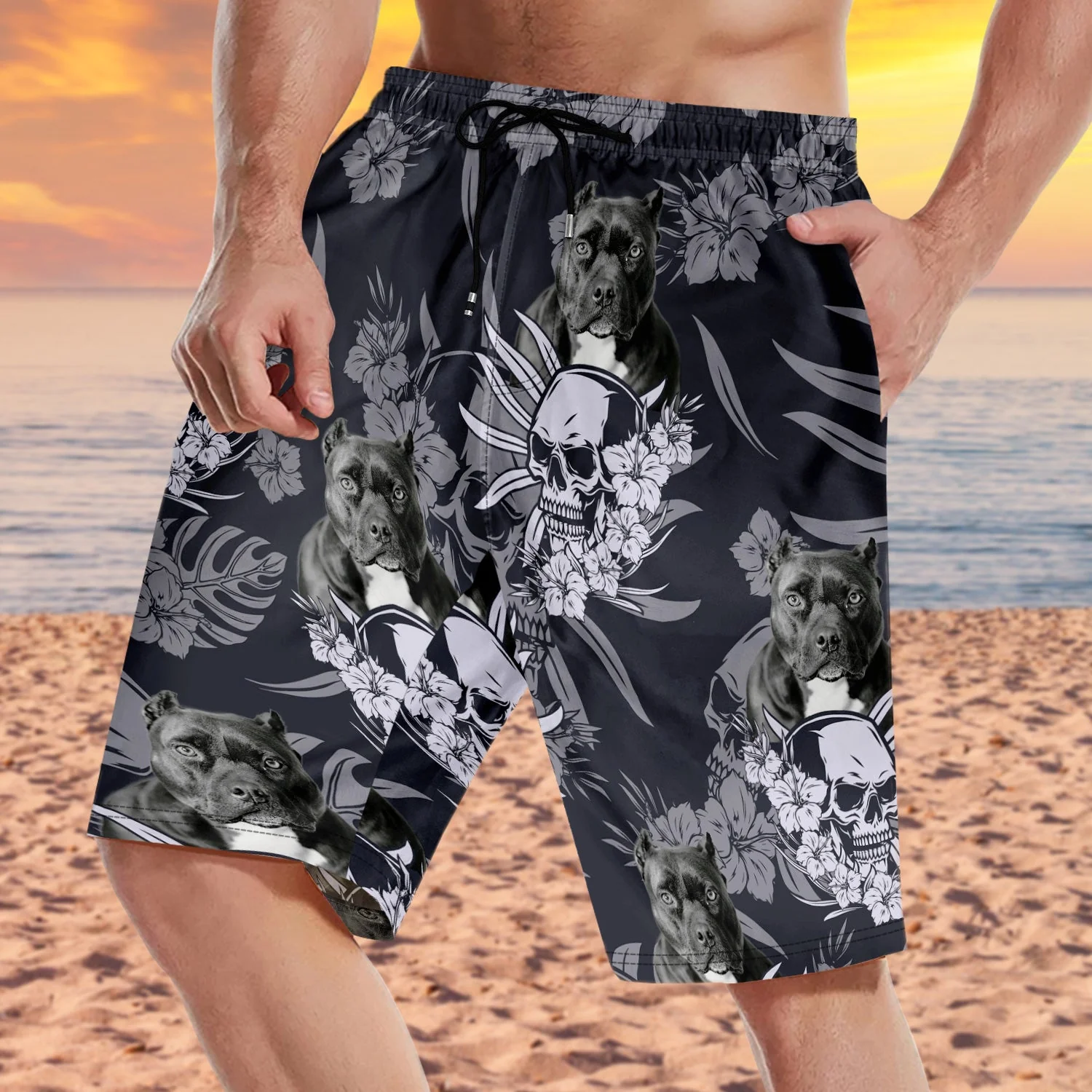Custom Photo Skull Family Pet Face Tropical Leaf - Gift For Men, Dog And Cat Lovers - Personalized Custom Unisex Beach Shorts - Image 4