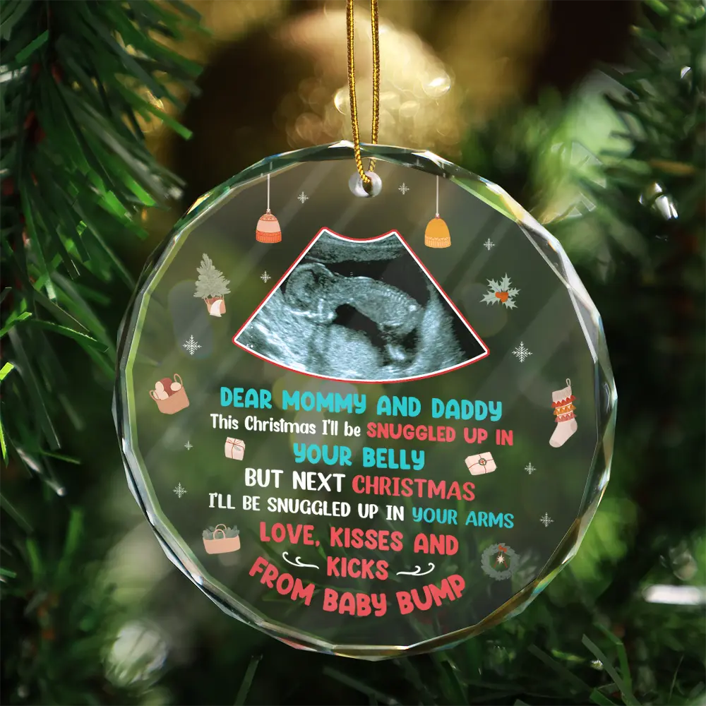 Custom Photo Snuggle Up In Mommy's Belly Christmas - Personalized Circle Glass Ornament - Image 3