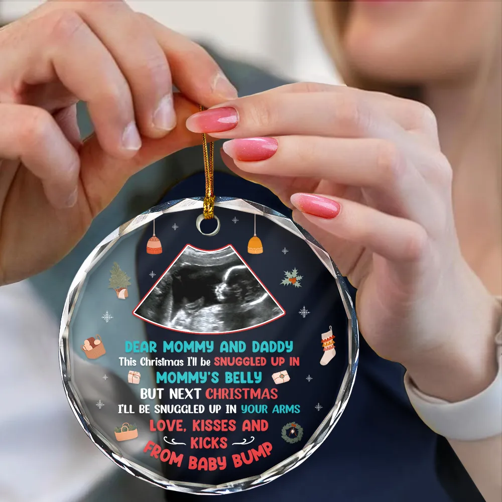 Custom Photo Snuggle Up In Mommy's Belly Christmas - Personalized Circle Glass Ornament - Image 4