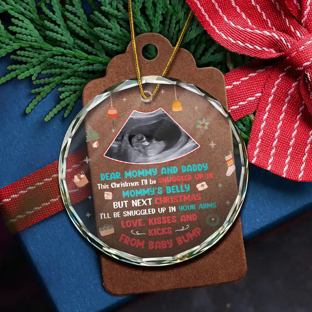 Custom Photo Snuggle Up In Mommy's Belly Christmas - Personalized Circle Glass Ornament - Image 5