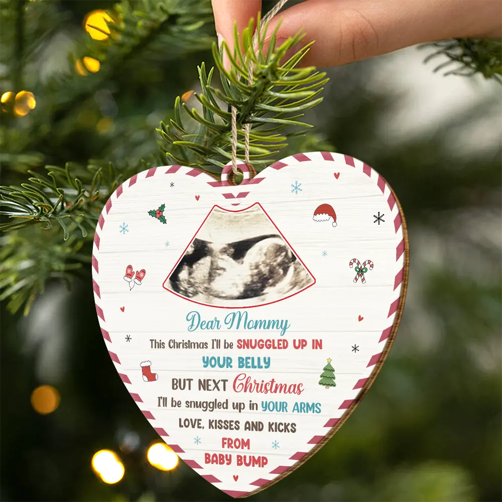 Custom Photo Snuggle Up In Mommy's Belly Christmas - Personalized Custom Shaped Wooden Ornament - Image 2