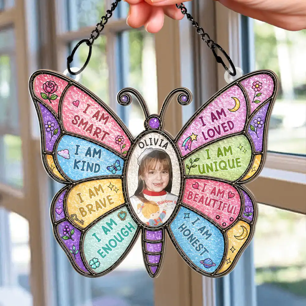 Custom Photo Stained Glass I Am Smart Kind Brave Butterfly - Personalized Window Hanging Suncatcher Ornament - Image 3