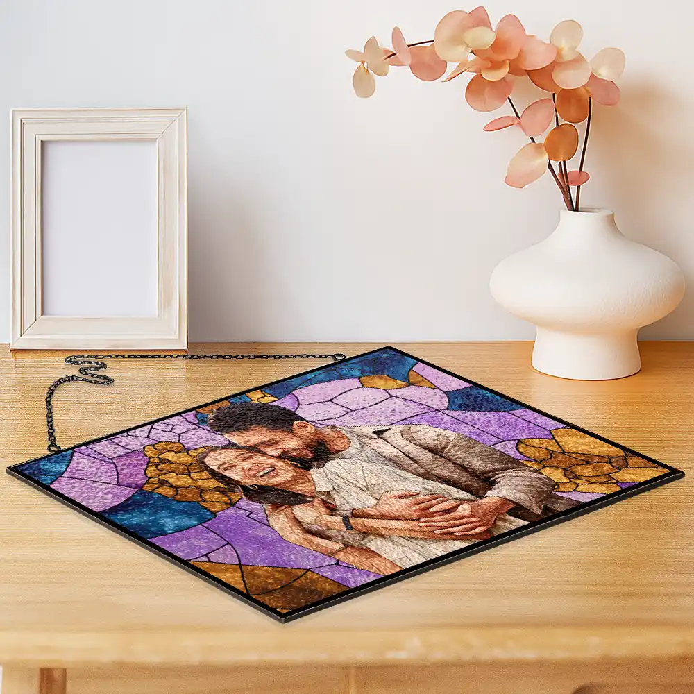 Custom Photo Stained Glass Mom Grandma Parents Family Bestie Couple - Personalized Horizontal Stained Glass Suncatcher - Image 3