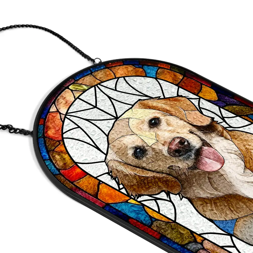 Custom Photo Stained Glass Portrait Dog Cat Family - Personalized Rounded Rectangle Stained Glass Suncatcher - Image 3