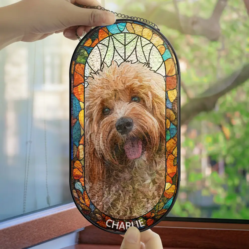Custom Photo Stained Glass Portrait Dog Cat Family - Personalized Rounded Rectangle Stained Glass Suncatcher - Image 5