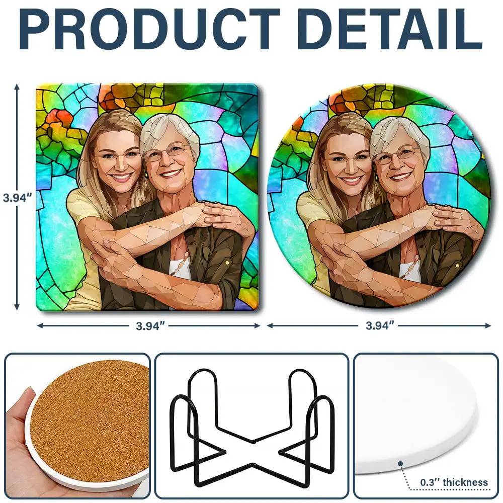 Custom Photo Stained Glass Portrait Mom Grandma Parents Family - Personalized Ceramic Coaster - Image 6