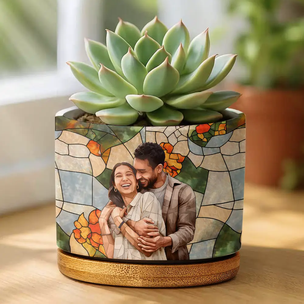Custom Photo Stained Glass Portrait Mom Grandma Parents Family - Personalized Ceramic Plant Pot - Image 3