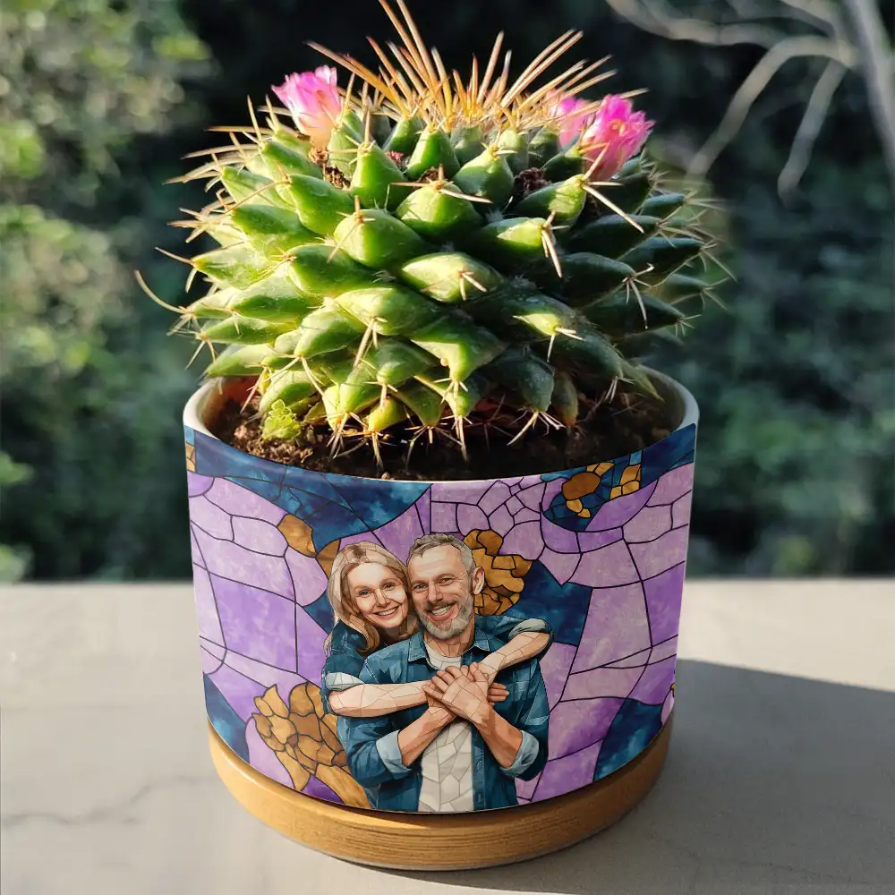 Custom Photo Stained Glass Portrait Mom Grandma Parents Family - Personalized Ceramic Plant Pot - Image 5