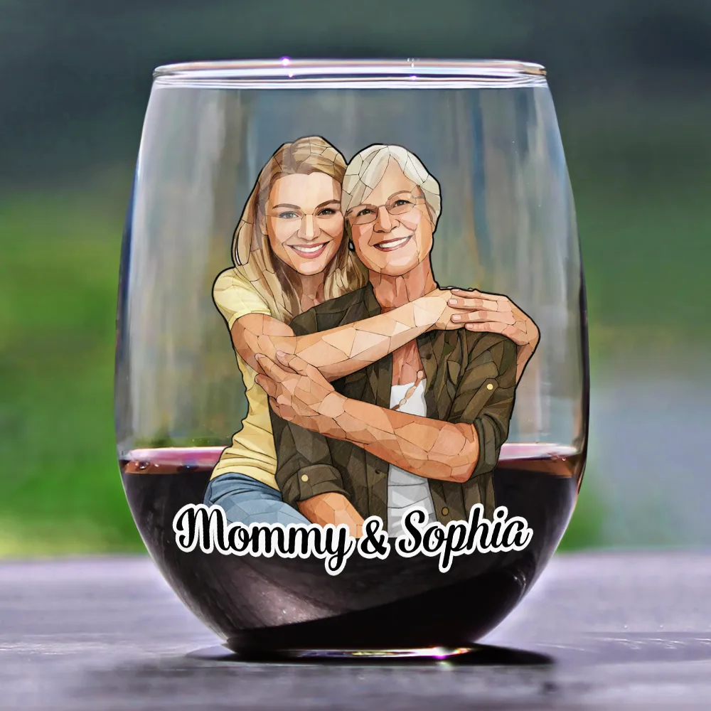 Custom Photo Stained Glass Portrait Mom Grandma Parents Family - Personalized Stemless Wine Glass - Image 3