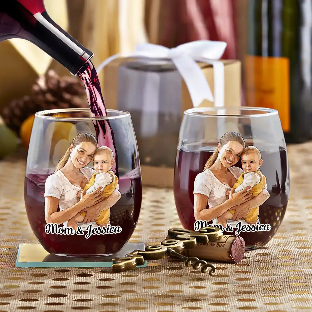 Custom Photo Stained Glass Portrait Mom Grandma Parents Family - Personalized Stemless Wine Glass - Image 4
