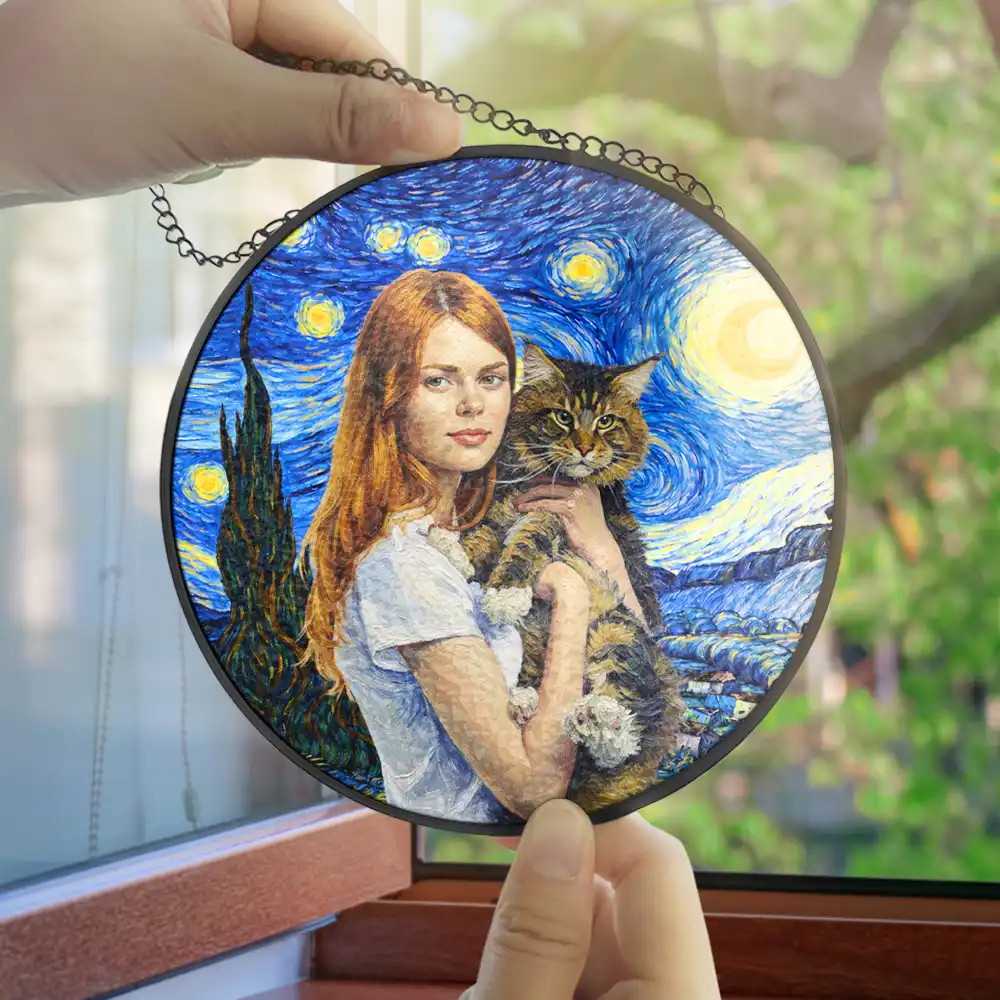 Custom Photo Starry Night Dog Mom Cat Mom Pet Lover - Personalized Stained Glass Window Hanging Suncatcher - Image 5