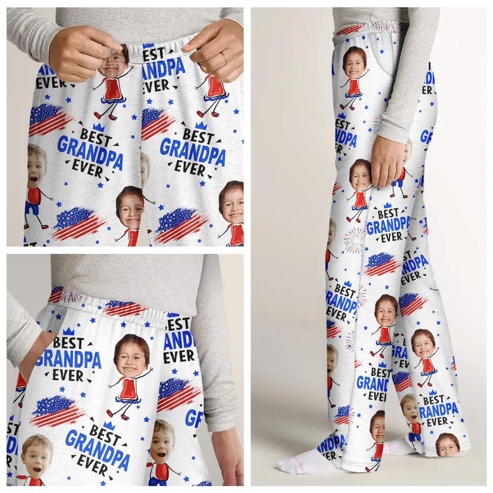 Custom Photo Stars And Stripes Best Dad Grandpa Ever - Personalized Pajama Pants - Image 8