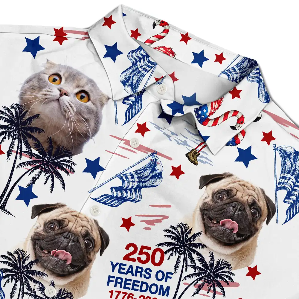 Custom Photo Stars & Stripes Family Pets Kids Tropical Flamingo - Personalized Hawaiian Shirt - Image 5