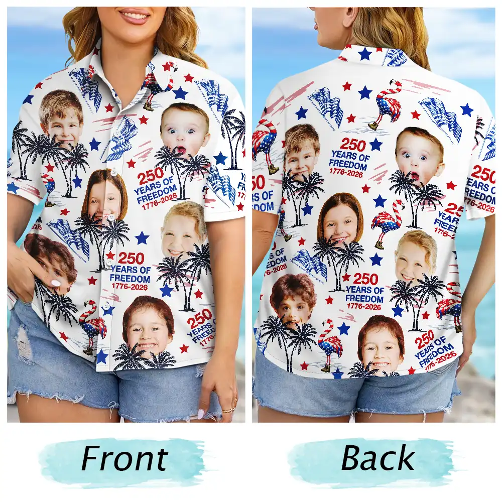 Custom Photo Stars & Stripes Family Pets Kids Tropical Flamingo - Personalized Hawaiian Shirt - Image 7