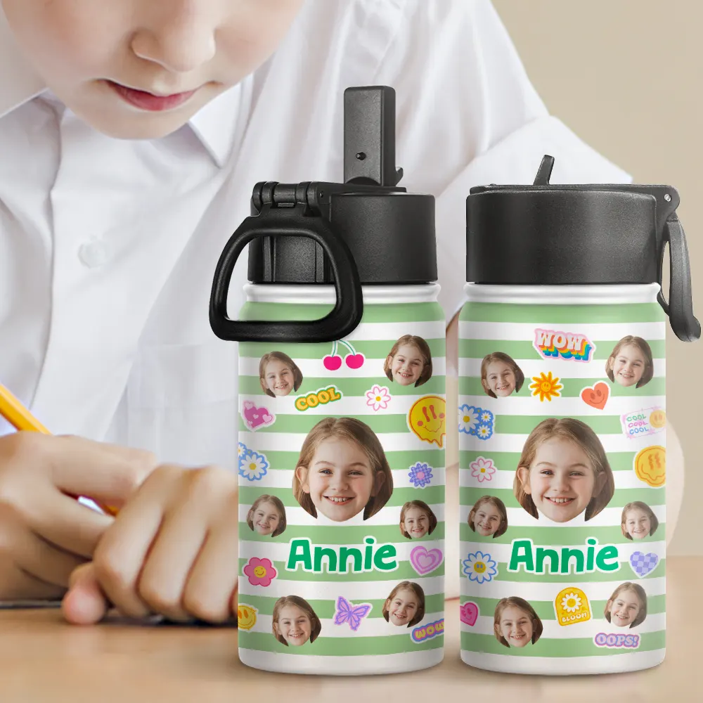 Custom Photo Stripes And Adorable Pattern - Personalized Kids Water Bottle - Image 3