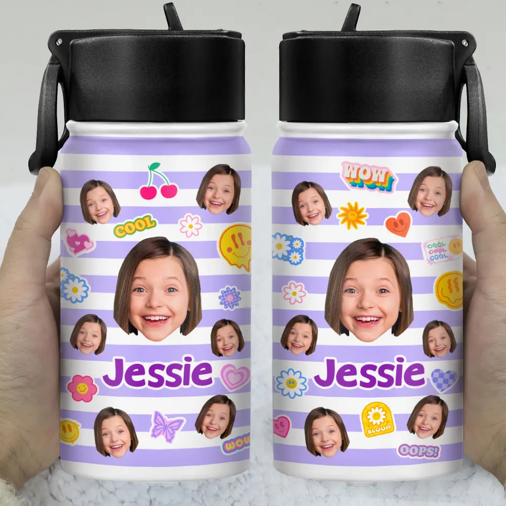 Custom Photo Stripes And Adorable Pattern - Personalized Kids Water Bottle - Image 4