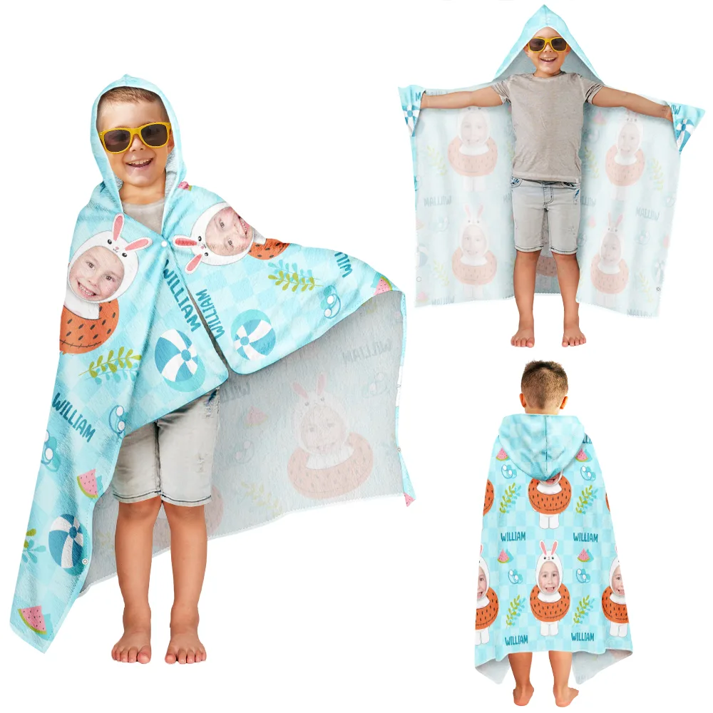 Custom Photo Summer Fun Kid's Animal Cosplay With Float Ring - Personalized Hooded Beach Towel - Image 4