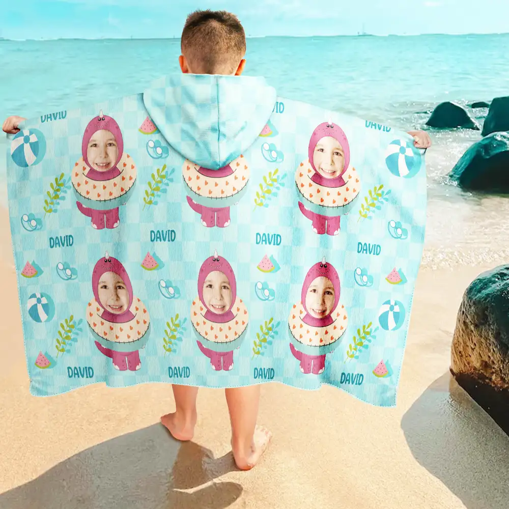 Custom Photo Summer Fun Kid's Animal Cosplay With Float Ring - Personalized Hooded Beach Towel - Image 5
