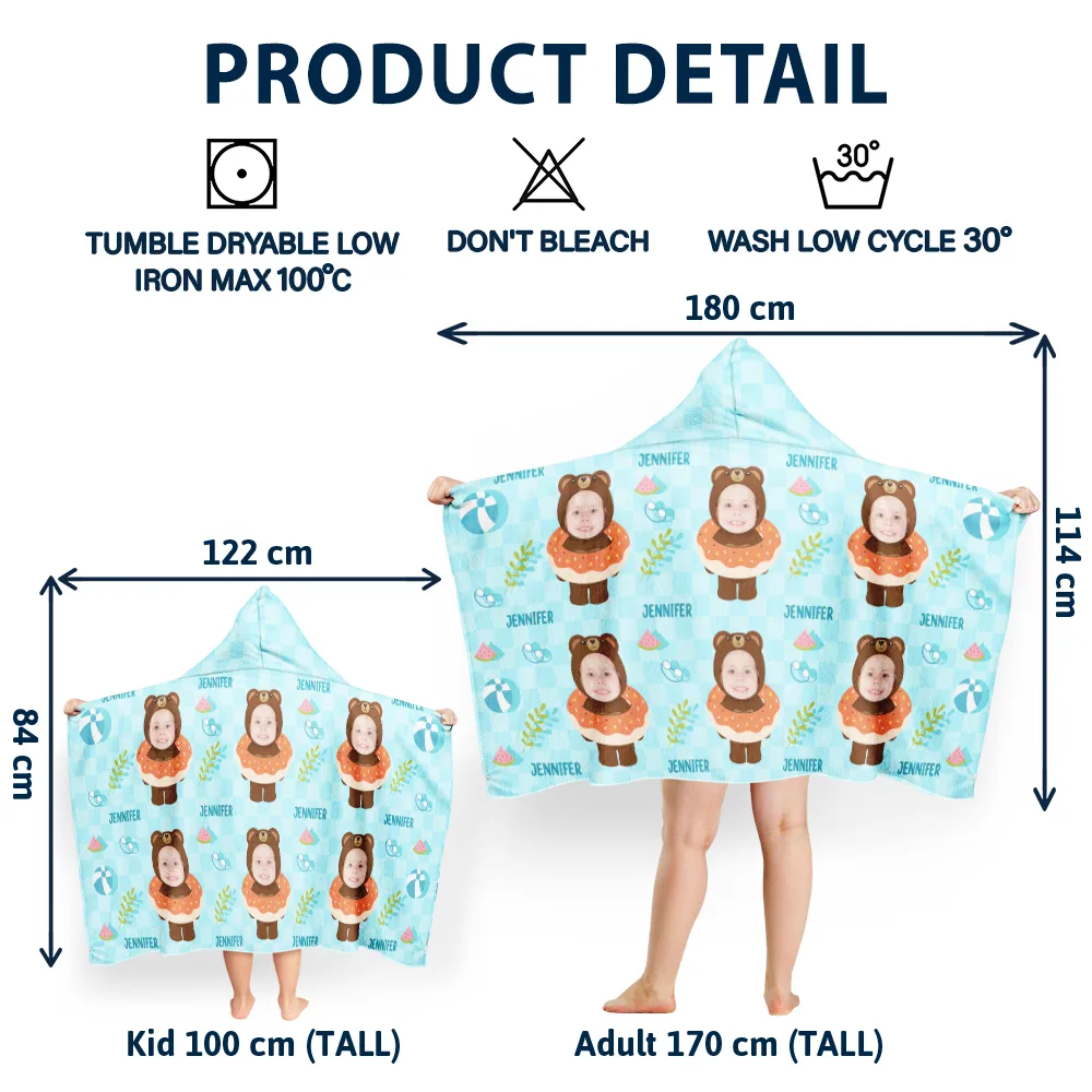 Custom Photo Summer Fun Kid's Animal Cosplay With Float Ring - Personalized Hooded Beach Towel - Image 6