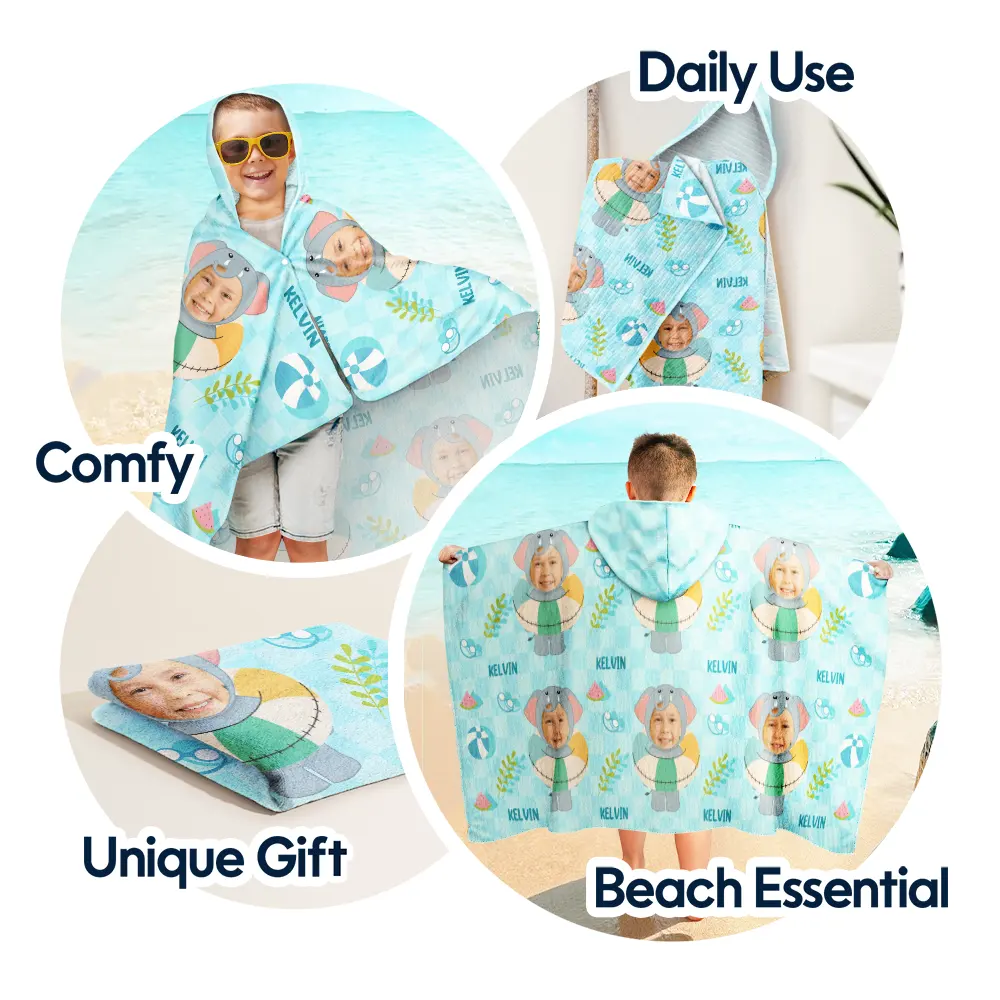 Custom Photo Summer Fun Kid's Animal Cosplay With Float Ring - Personalized Hooded Beach Towel - Image 7