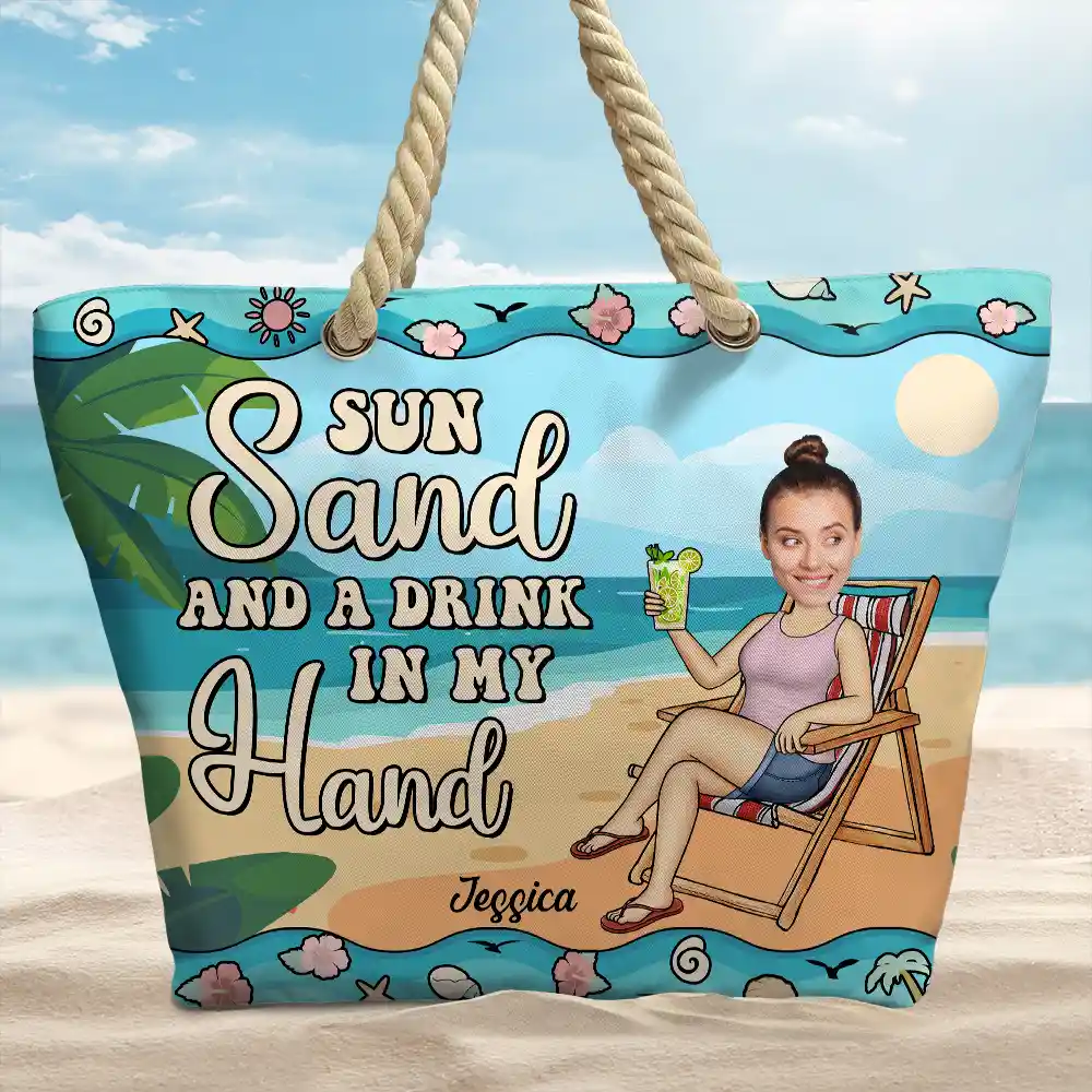 Custom Photo Sun Sand And A Drink In My Hand - Personalized Beach Bag - Image 3