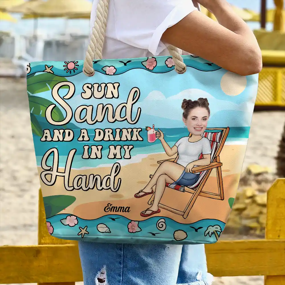 Custom Photo Sun Sand And A Drink In My Hand - Personalized Beach Bag - Image 4