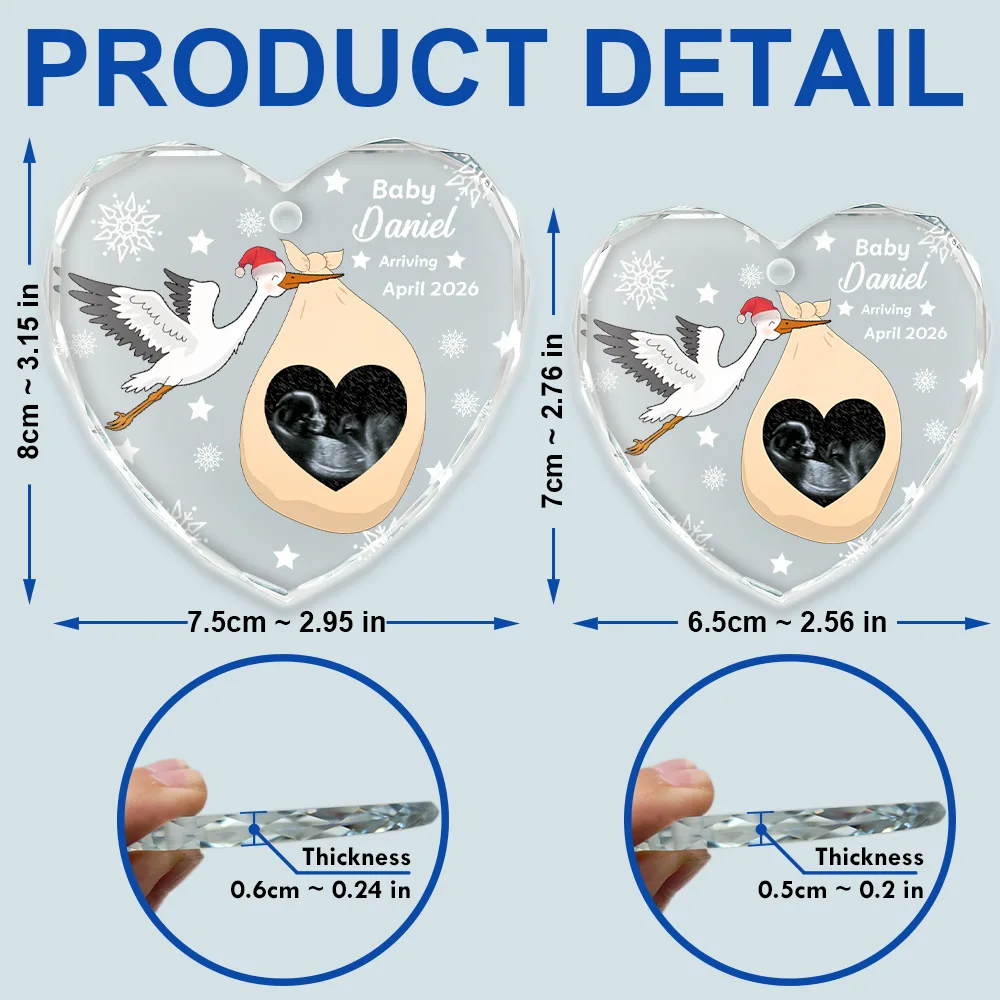 Custom Photo Sweet Baby Arriving Stork Pregnancy Announcement - Personalized Heart Shaped Glass Ornament - Image 5
