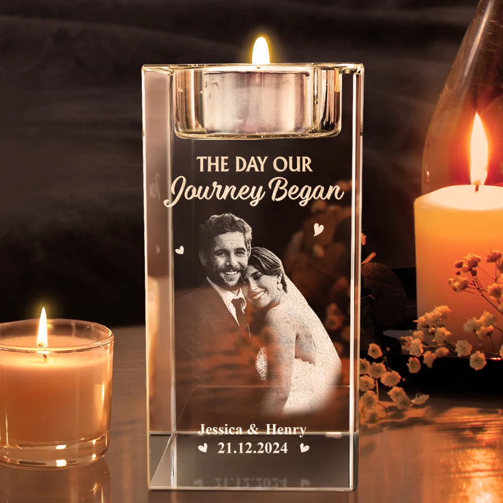 Custom Photo The Date We Became Mr. & Mrs. - Personalized Crystal Candle Holder - Image 3