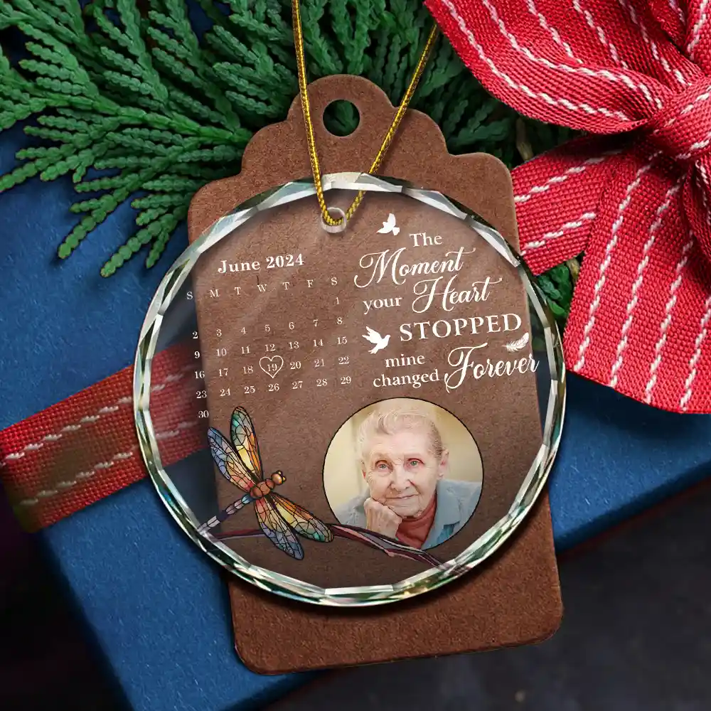 Custom Photo The Moment Your Heart Stopped Calendar Memorial - Personalized Circle Glass Ornament - Image 5