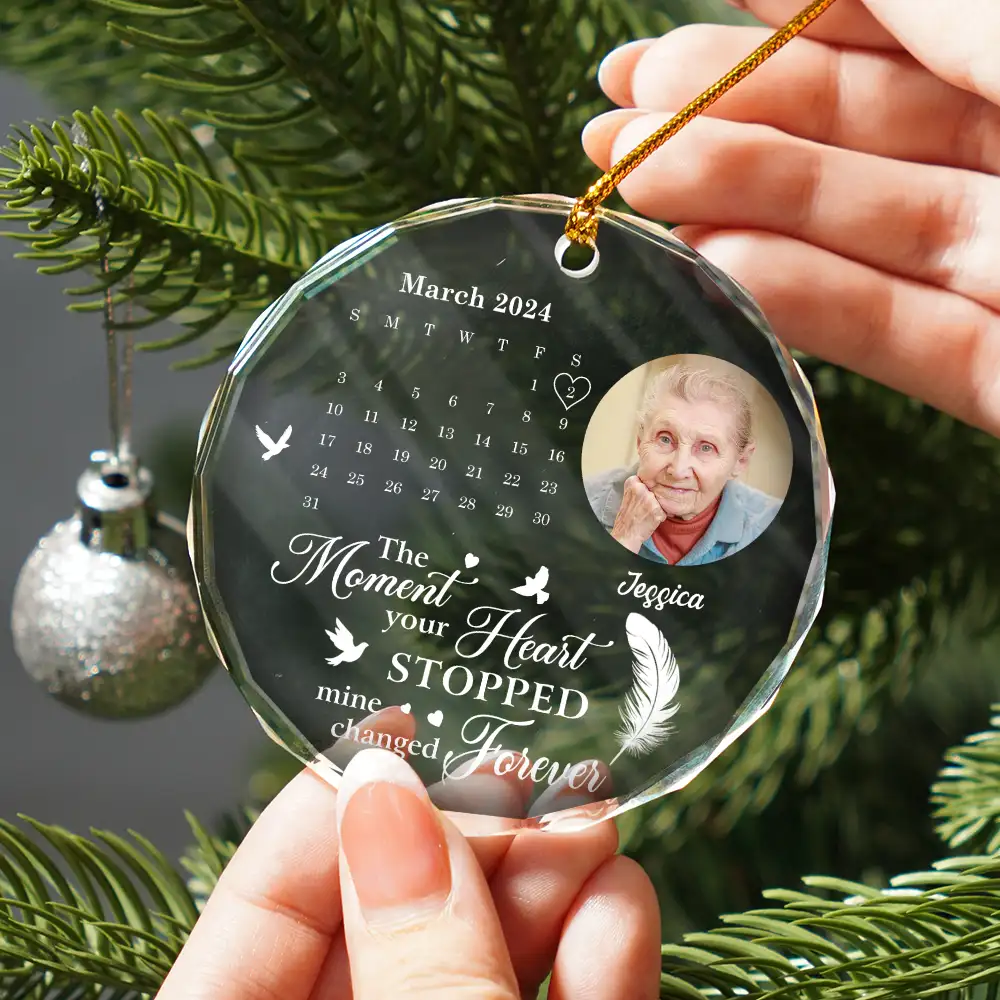 Custom Photo The Moment Your Heart Stopped Memorial Calendar - Personalized Circle Glass Ornament - Image 2