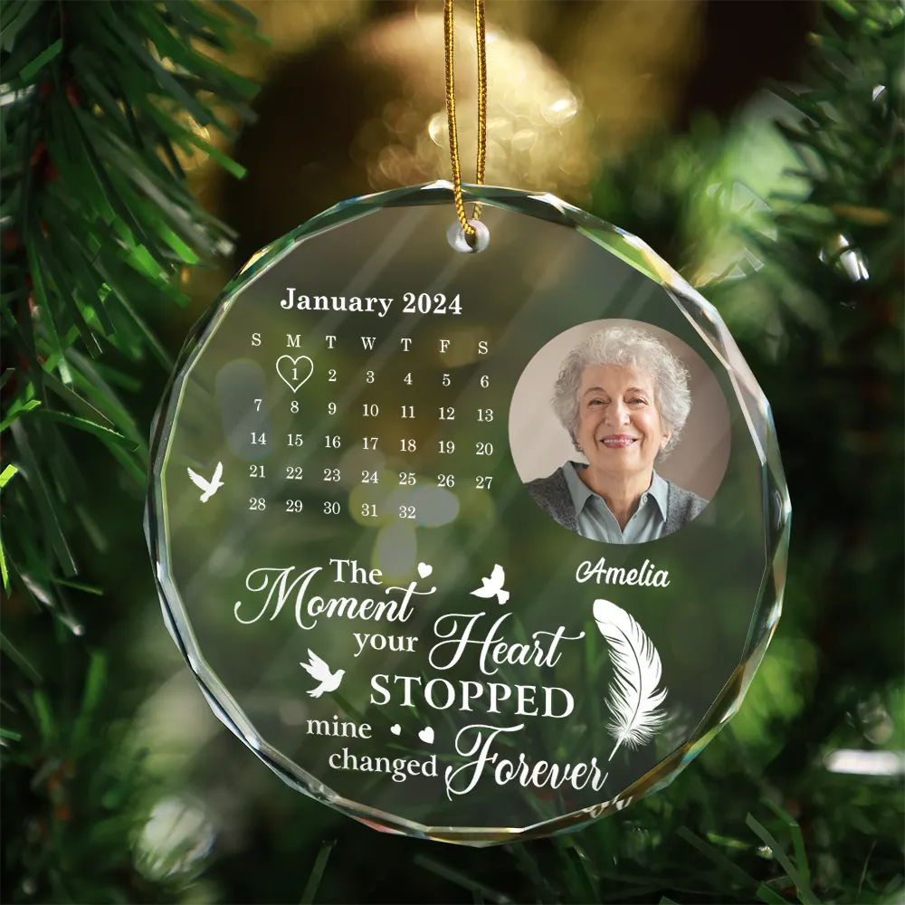 Custom Photo The Moment Your Heart Stopped Memorial Calendar - Personalized Circle Glass Ornament - Image 3