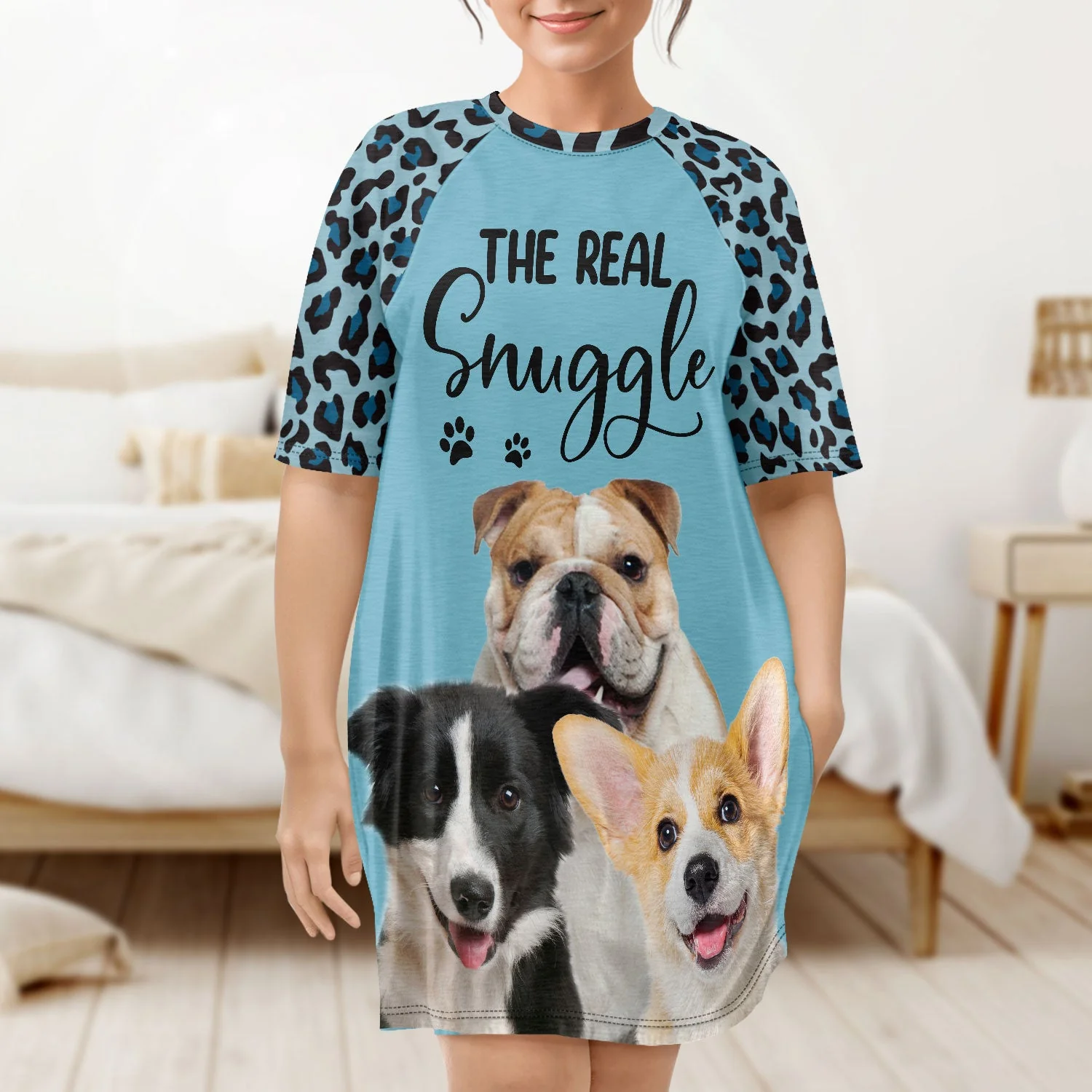 Custom Photo The Real Snuggle - Gift For Dog Mom, Cat Mom, Pet Lovers - Personalized Women's Sleep Tee - Image 5