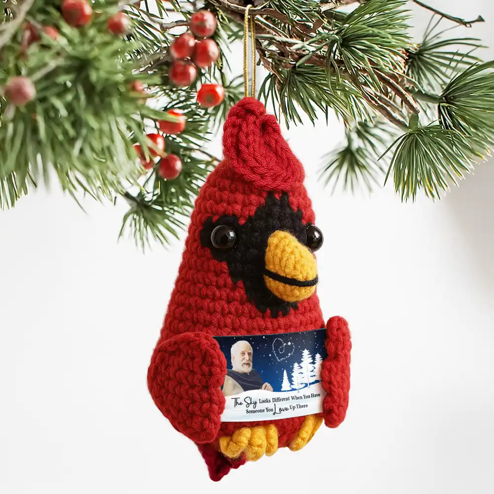 Custom Photo The Sky Looks Different Memorial - Personalized Crochet Cardinal Bird Hanging Decoration - Image 3
