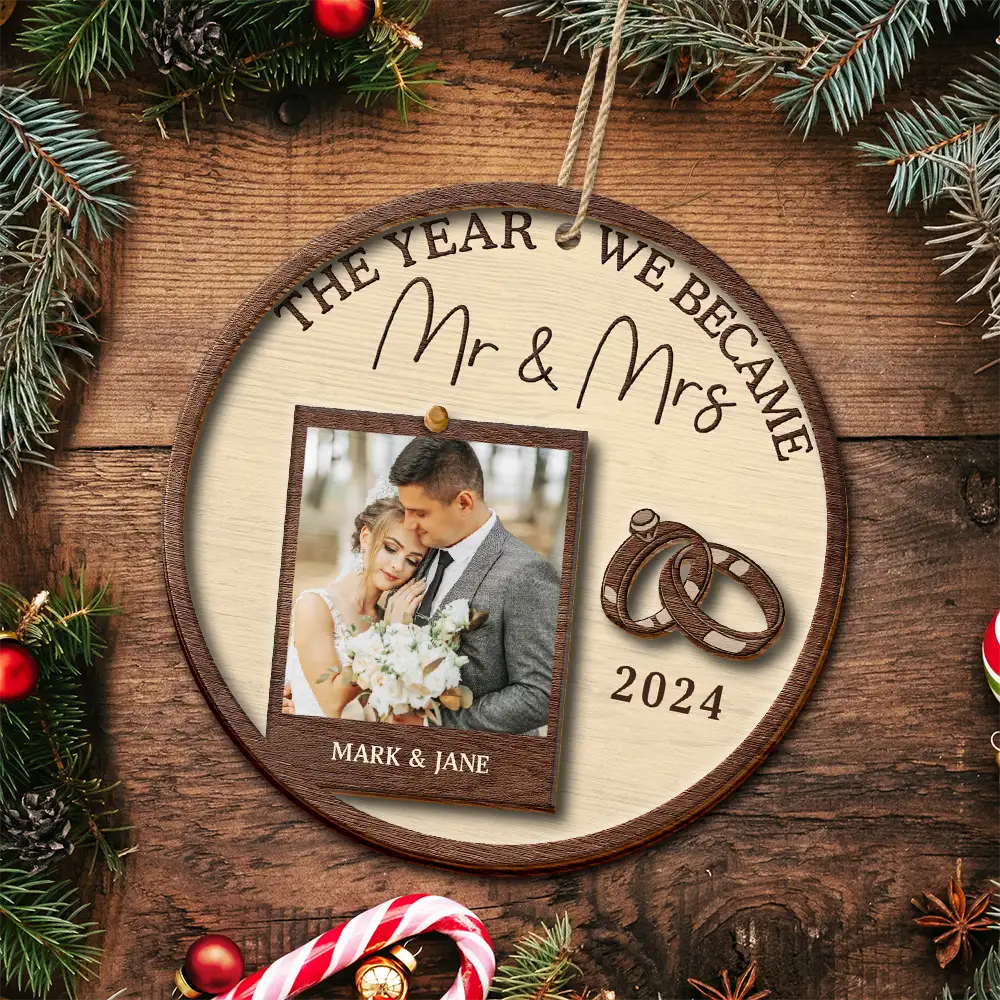 Custom Photo The Year We Became Mr & Mrs Couples - Personalized 2-Layered Wooden Ornament - Image 5