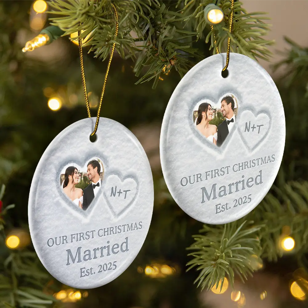 Custom Photo The Year We Became Mr & Mrs Initial Letter - Personalized Circle Ceramic Ornament - Image 2