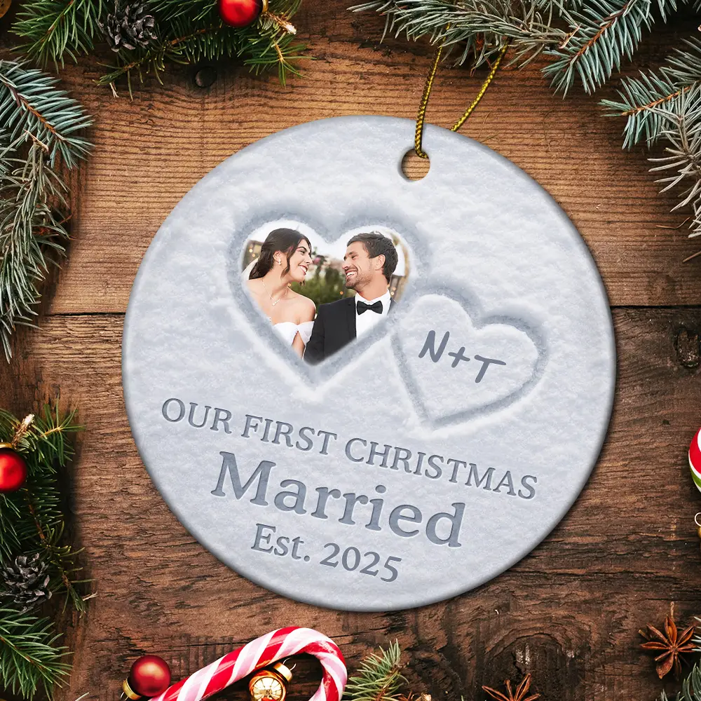 Custom Photo The Year We Became Mr & Mrs Initial Letter - Personalized Circle Ceramic Ornament - Image 5