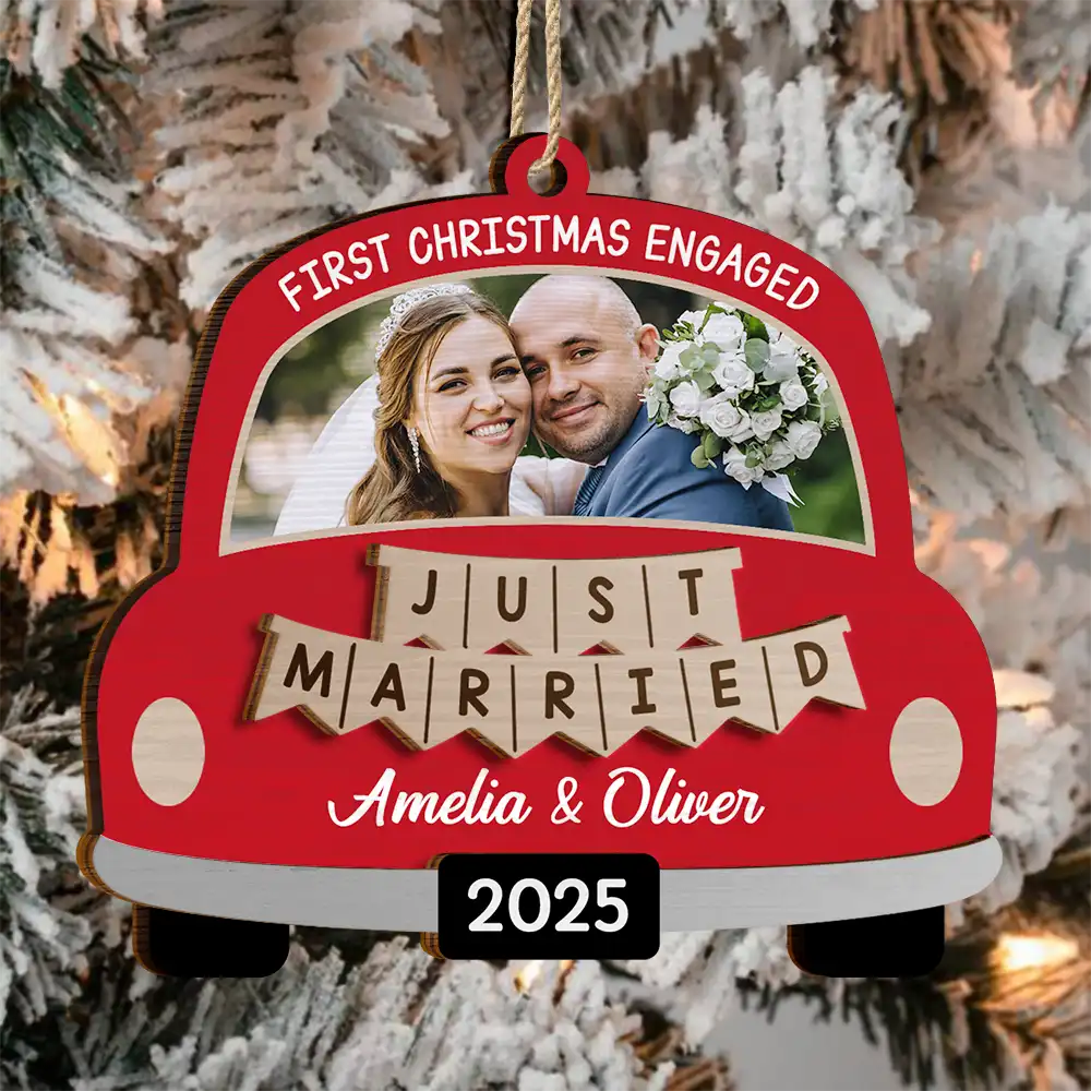 Custom Photo The Year We Became Mr & Mrs Wedding Car - Personalized 2-Layered Wooden Ornament - Image 3