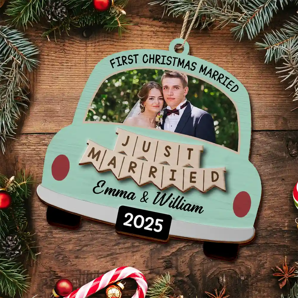 Custom Photo The Year We Became Mr & Mrs Wedding Car - Personalized 2-Layered Wooden Ornament - Image 4