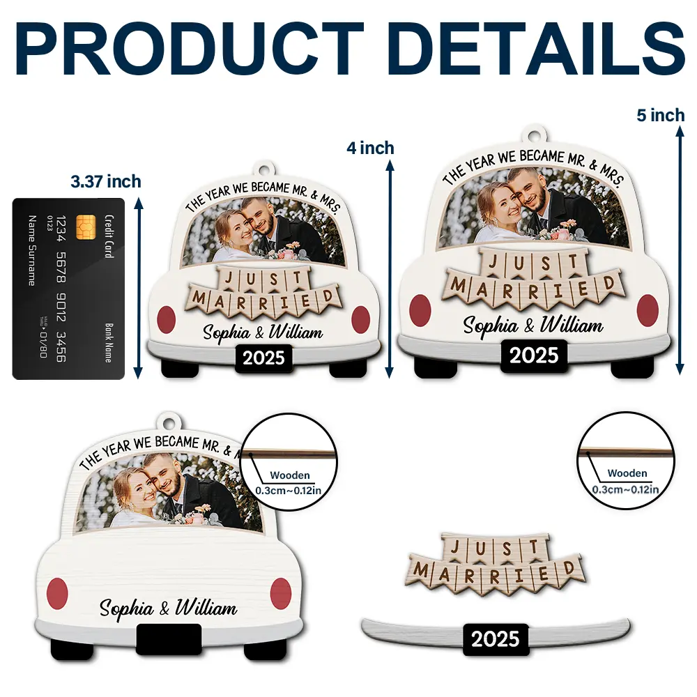 Custom Photo The Year We Became Mr & Mrs Wedding Car - Personalized 2-Layered Wooden Ornament - Image 5