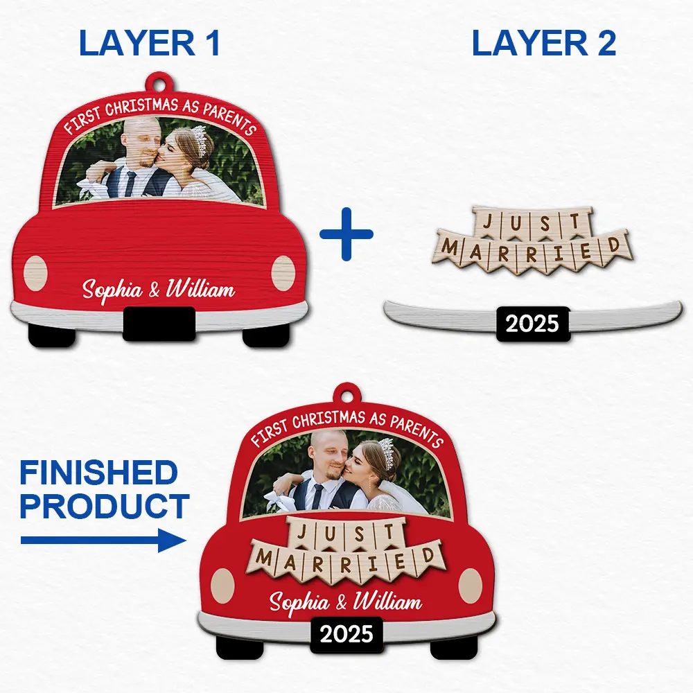 Custom Photo The Year We Became Mr & Mrs Wedding Car - Personalized 2-Layered Wooden Ornament - Image 6
