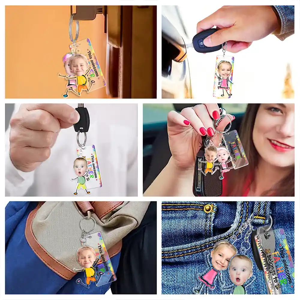 Custom Photo This Awesome Daddy Mommy Grandpa Belongs To - Personalized Acrylic Tag Keychain - Image 6