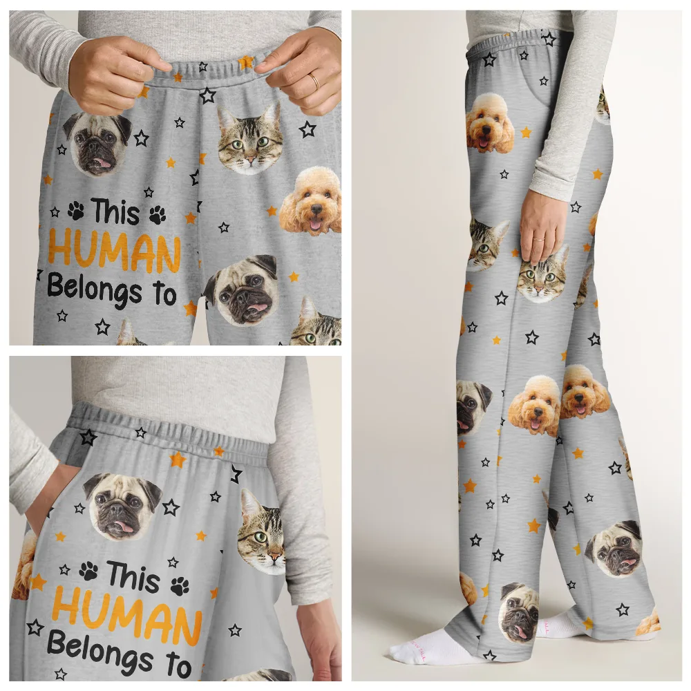 Custom Photo This Human Belongs To Dog Cat Cute Face Cut - Personalized Pajama Pants - Image 8