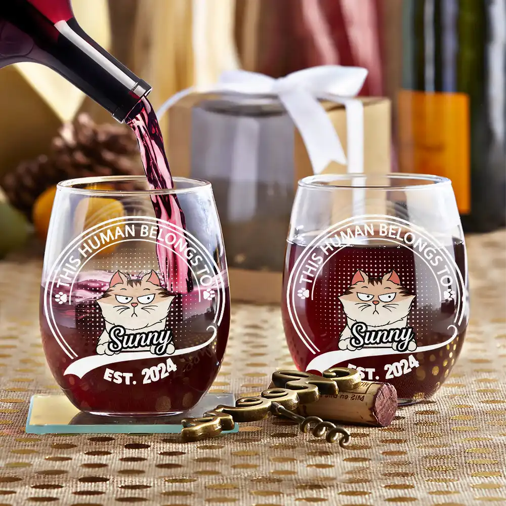 Custom Photo This Human Belongs To - Personalized Stemless Wine Glass - Image 4